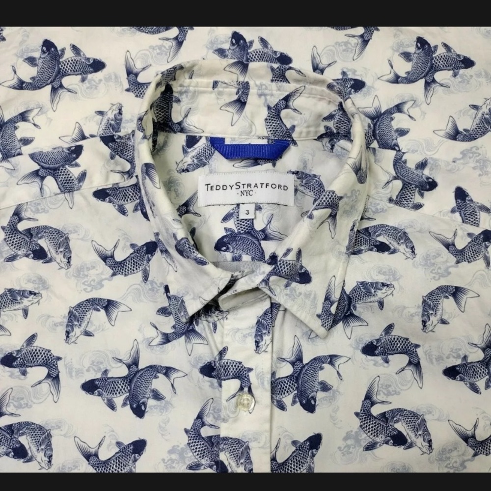 Teddy Stratford Zip Button Short Sleeve Shirt Koi fish design Size 3 Medium